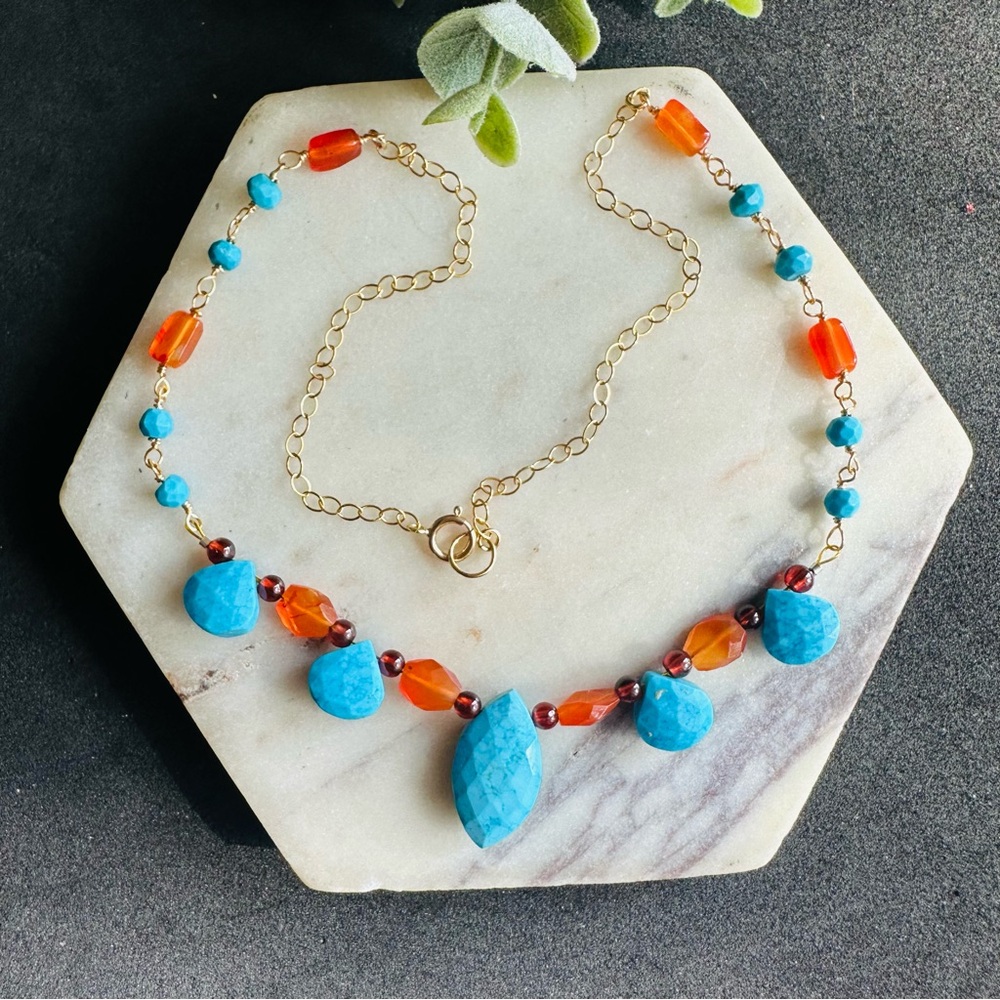 Turquoise, carnelian and Garnet Necklace 14k gold Handmade Gemstone jewelry